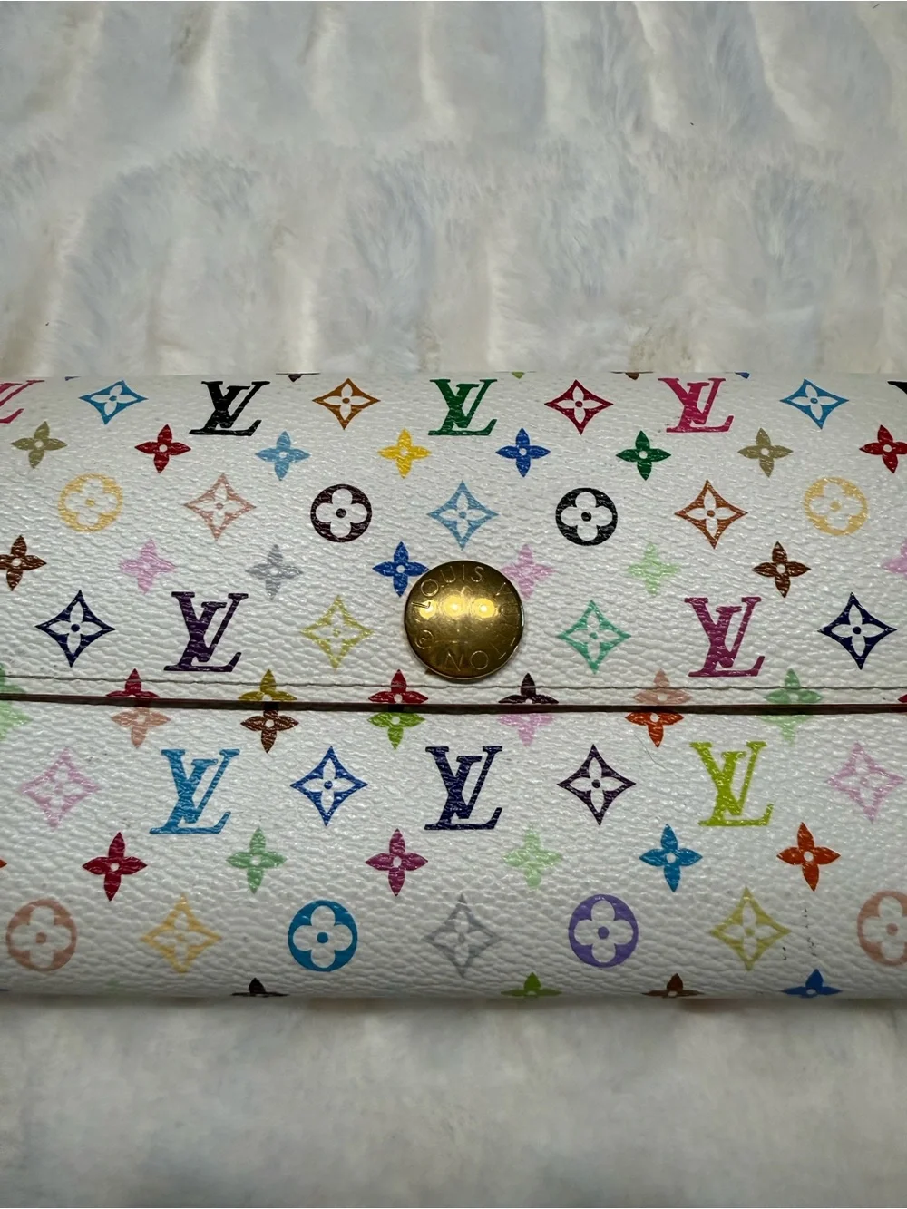 Louis Vuitton White Multicolor Murakami Monogram Wallet with Gold-Tone Snap